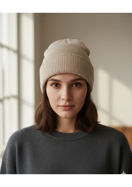 Unisex Basic Bej Bere Katlamalı Standart Kalıp Atkı Şapka ( Tek Ebat )