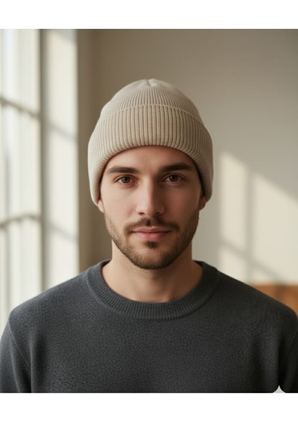 Unisex Basic Bej Bere Katlamalı Standart Kalıp Atkı Şapka ( Tek Ebat ) fiyatları