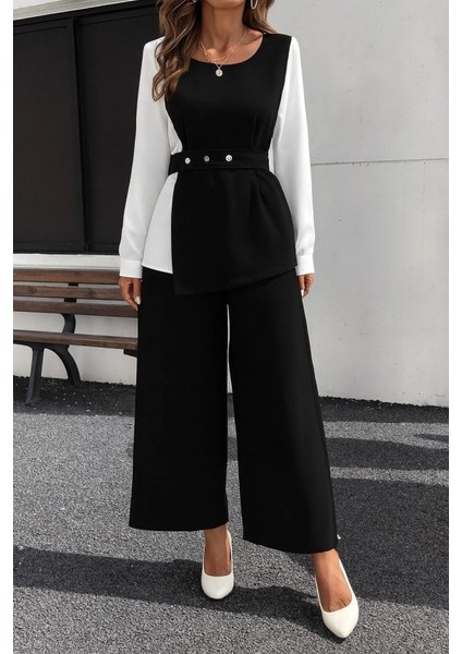 Mdb Kadın Uzun Kollu Açık Yakalı Çift Renkli Kemerli Ithal Krep Ikili Takım