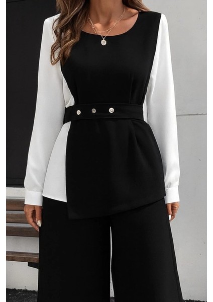 Mdb Kadın Uzun Kollu Açık Yakalı Çift Renkli Kemerli Ithal Krep Ikili Takım fiyatları