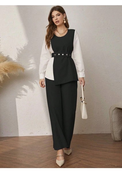 Mdb Kadın Uzun Kollu Açık Yakalı Çift Renkli Kemerli Ithal Krep Ikili Takım fırsatları