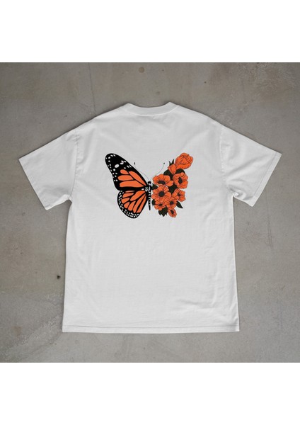 Butterfly Tasarım Baskılı Beyaz Oversize T-Shirt