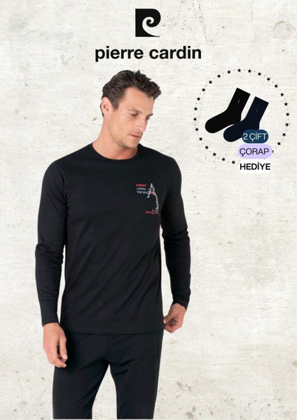 Erkek %100 Pamuk Uzun Kol Baskılı Siyah Pijama Takımı (2 Adet Hediye Çorap) L1.PC.6103.001