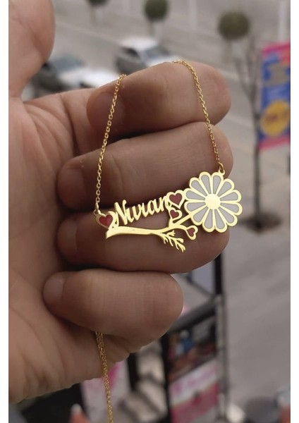 925 Ayar Gümüş 24 Ayar Altın Kaplama Isimli Kalpli Papatya Kolye