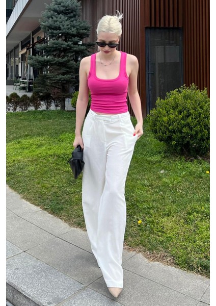 Ekru Kemerli Bol Paça Pantolon MG1992