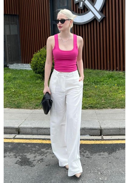 Ekru Kemerli Bol Paça Pantolon MG1992