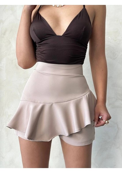 Valonlu Fırfırlı Şort Bej S24683