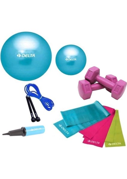 55-20 cm Pilates Topu 3lü Bandı Atlama Ipi Dambıl Pompa Set