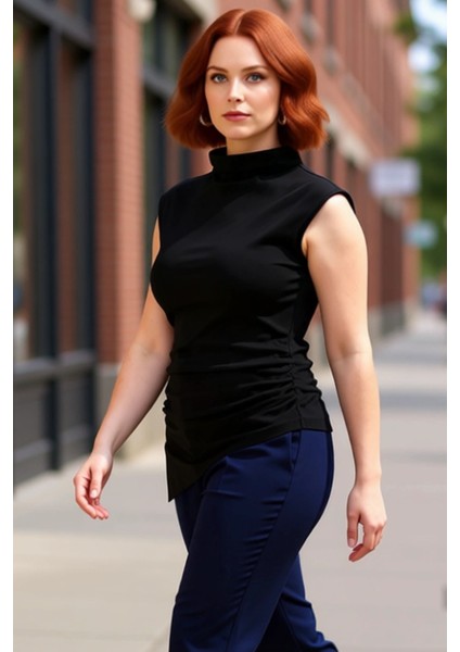 Asimetrik Kesim Dik Yaka Kolsuz Örme Bluz Kadın Modern ve Şık Seçenek Kaliteli Şık