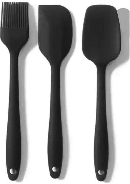 Siyah Silikon Mutfak Aletleri Seti, 2 Spatula ve 1 Fırça, 3 Parça