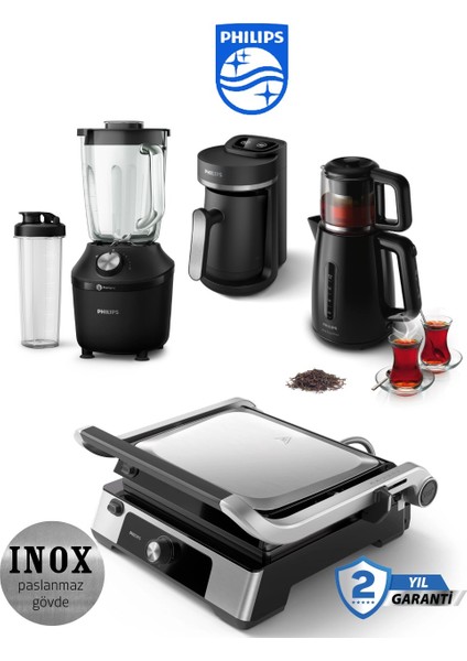 2200W 5000 Serisi Izgara ve Tost Makinesi+Türk Kahve Makinesi + Çay Makinesi 1700W + Smotie Blendır Philips Süper Set