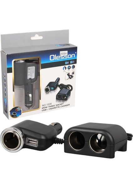 1526 12-24V Tek USB Girişli 120W 80 cm Kablolu 3'lü Araç Çakmak Çoklayıcı