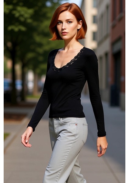 Kadın V Yaka Uzun Kollu Dantel Detaylı Esnek Örme Kaliteli Şık Rahat Modern Zarif Günlük