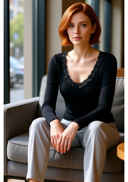 Kadın V Yaka Uzun Kollu Dantel Detaylı Esnek Örme Kaliteli Şık Rahat Modern Zarif Günlük fiyatları