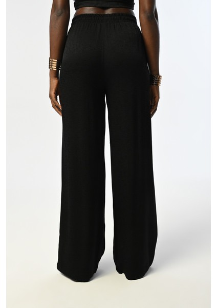 Kadın Beli Lastikli Bol Paça Desenli Siyah Renk Pantolon modelleri