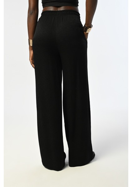 Kadın Beli Lastikli Bol Paça Desenli Siyah Renk Pantolon fırsatları