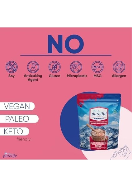 Purelife Himalaya Tuzu - Granül Kristal Kaya Tuzu Pembe - 500 gr