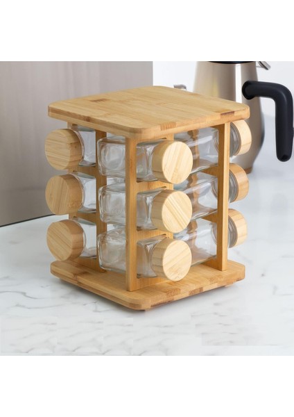 Bambu Döner Seti 13 Parça, Mutfak Tezğahına Uygun Bambu Yer Kaplamayan Cam Şişe Dönerli Bambu (Kare)