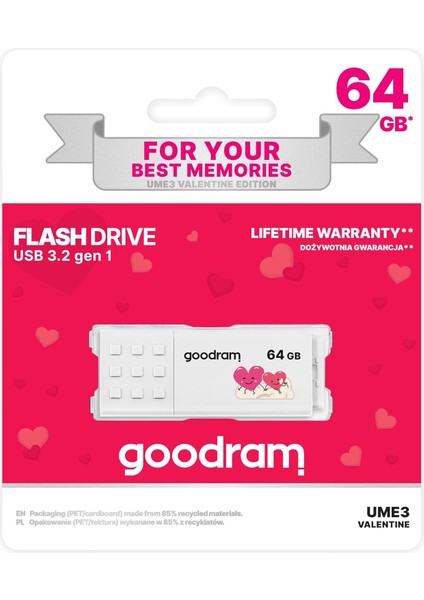 64GB USB Bellek USB 3.2 Gen 1 Bellek, 60MB/S Okuma Hızı, 20MB/S Yazma Hızı, 0°c – 70°c Çalışma, Windows, Macos, Linux Uyumlu, Sevgililer Günü Baskılı, UME3-0640W0R11-V, Beyaz