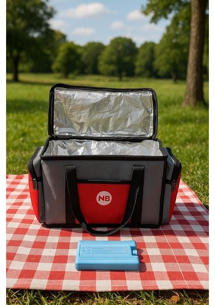 Yalıtımlı Piknik Soğutucu Çanta, Yan Cepli, Taşıma Askılı, Orta Boy, (Gri-Kırmızı)