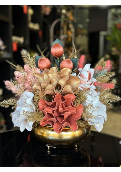 Yapay Çiçek Aranjmalı Gold Yassı Vazo No:18