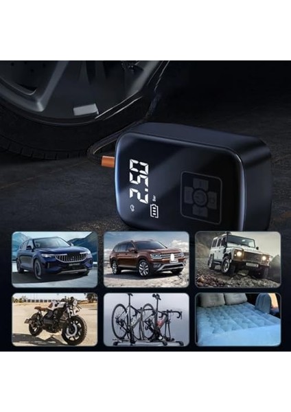 Kompresörü, 150 Psı Göstergeli Oto Kompresör, Araba, Motosiklet, Bisiklet ve Top Için, Taşınabilir Şarjlı Kullanım, Işığı, 4000 Mah Batarya, 3 Farklı Başlık (Psı,kpa,bar,kg/cm²) fiyatları