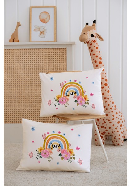 %100 Pamuk Isme Özel 2li Ekru Bebek Yastık Kılıfı 35X45 Cm-Gökkuşağı