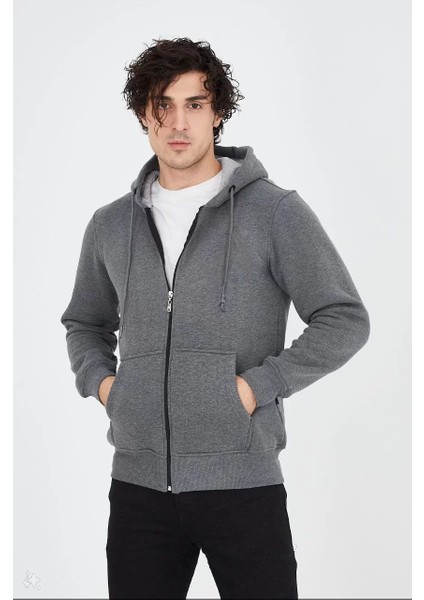 Unisex Tam Fermuarlı Kapşonlu Sweatshirt - Füme modelleri