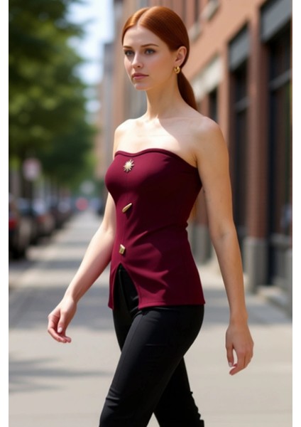 Kadın Vücuda Oturan Straplez Ottoman Örme Bluz Düğme Detaylı Esnek Yapı Kaliteli Şık Rahat