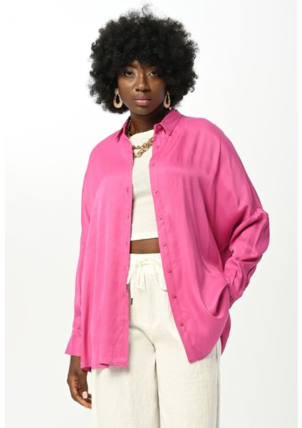 Kadın Düz Fuşya Renk Oversize Kesim Gömlek