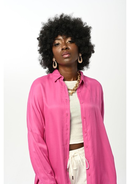 Kadın Düz Fuşya Renk Oversize Kesim Gömlek modelleri