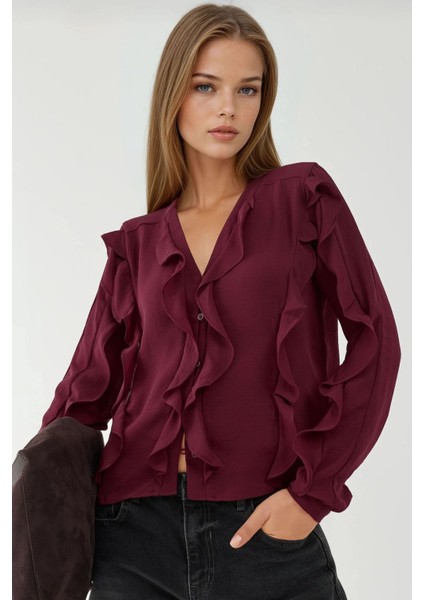 Kadın Yaka Volanlı Bohem Gömlek Bordo Kırmızı