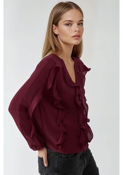 Kadın Yaka Volanlı Bohem Gömlek Bordo Kırmızı fiyatları