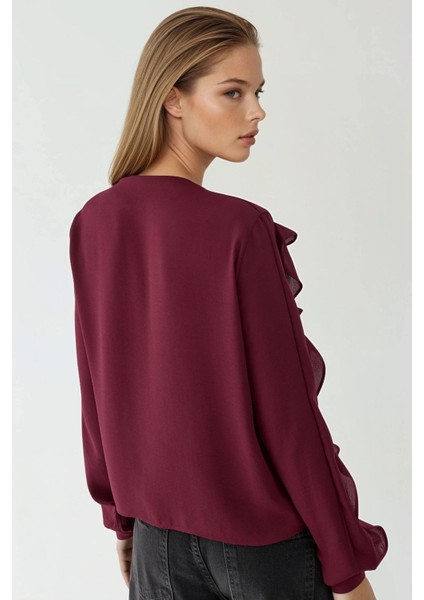 Kadın Yaka Volanlı Bohem Gömlek Bordo Kırmızı modelleri