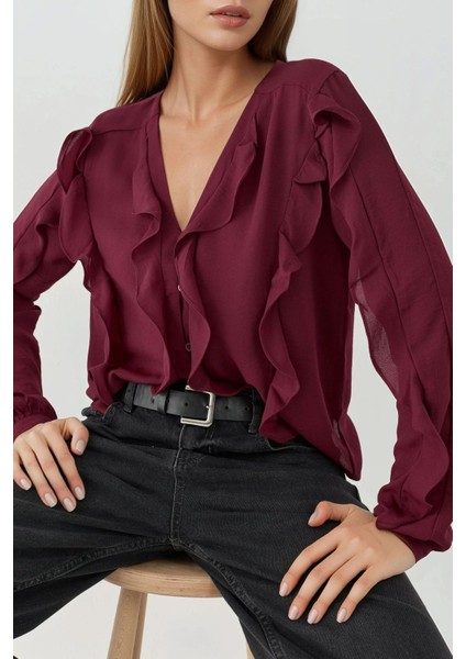 Kadın Yaka Volanlı Bohem Gömlek Bordo Kırmızı fırsatları