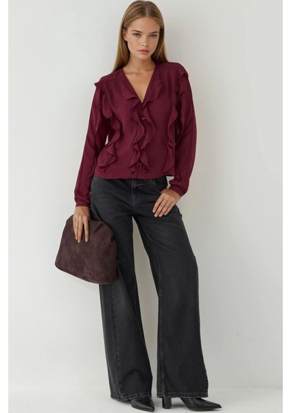 Kadın Yaka Volanlı Bohem Gömlek Bordo Kırmızı indirimleri