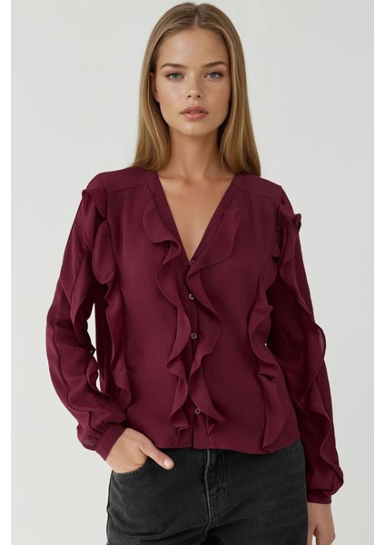 Kadın Yaka Volanlı Bohem Gömlek Bordo Kırmızı