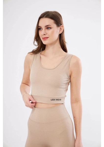 Kadın Fitilli Baskılı Crop - Bej modelleri