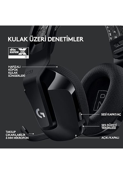 G G733 Lıghtspeed Kablosuz Kulak Üstü Oyuncu Kulaklığı, Lıghtsync Rgb, Blue Voice Mikrofon, Askılı Kafa Bandı, Pro-G Ses Sürücüleri, 29 Saat Pil Ömrü, Siyah indirimleri