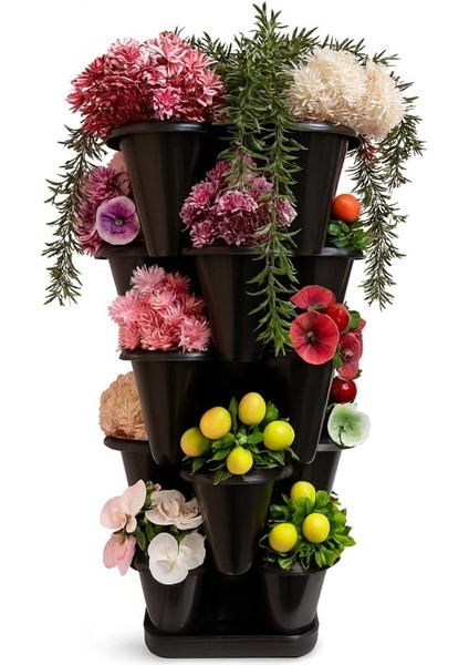 Katlı Şanslı Yonca Kule Saksı Seti Çiçek Bitki Sebze Meyve Salon Mutfak Banyo Bahçe Saksı Seti (Siyah)