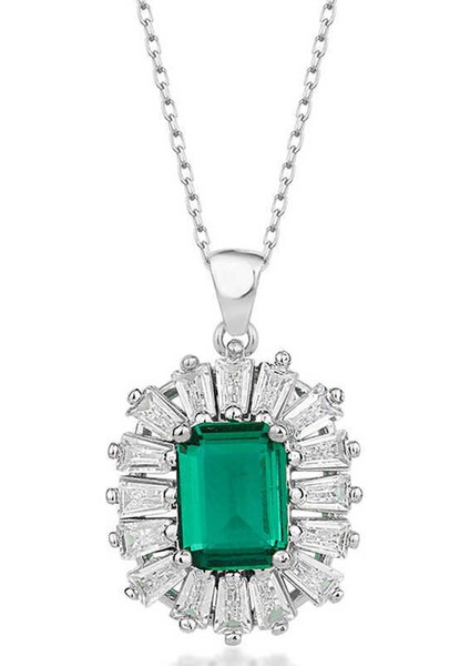 Gümüş Elmas Montür Zümrüt Taşlı Kadın Kolye