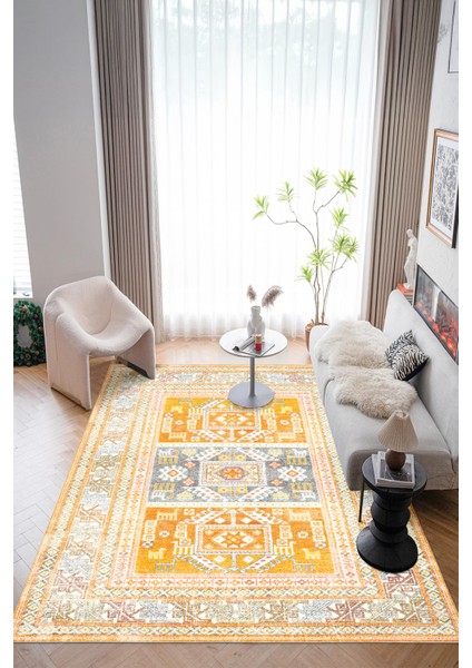 Yeni Desen Yıkanabilir Kaymaz Tabanlı Bohem Tarz Dijital Baskı Salon Halısı, Yumuşak Dokulu Lüks Halı Modeli ve 40 x 60 Sarı Renk Dikdörtgen Halı