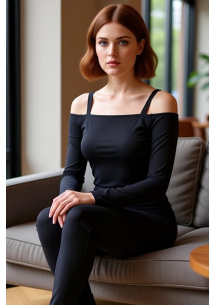 Kadın Spor Üst Askı Detaylı Fırçalı Kumaş Iç Pedli Carmen Yaka Uzun Kollu Kaliteli Şık Rahat