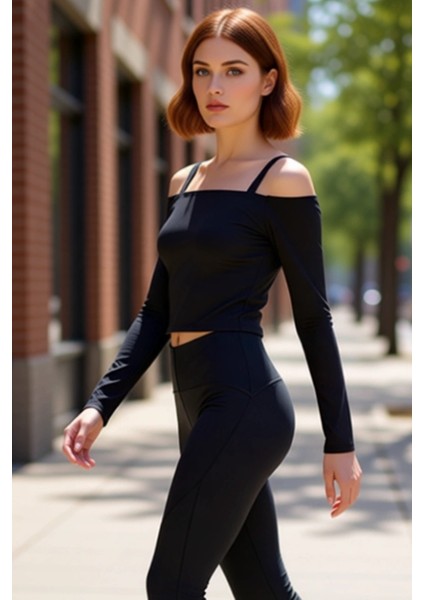 Kadın Spor Üst Askı Detaylı Fırçalı Kumaş Iç Pedli Carmen Yaka Uzun Kollu Kaliteli Şık Rahat fırsatları