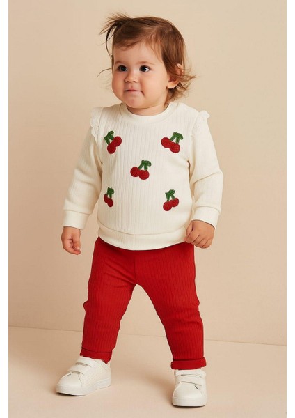Kız Bebek/çocuk Kiraz Nakışlı Omuzdan Çıtçıtlı Bebek Takımı 2li Alt Üst Mevsimlik 6-9-12AYLIK