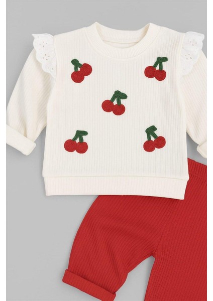 Kız Bebek/çocuk Kiraz Nakışlı Omuzdan Çıtçıtlı Bebek Takımı 2li Alt Üst Mevsimlik 6-9-12AYLIK modelleri