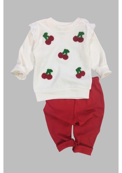 Kız Bebek/çocuk Kiraz Nakışlı Omuzdan Çıtçıtlı Bebek Takımı 2li Alt Üst Mevsimlik 6-9-12AYLIK fırsatları