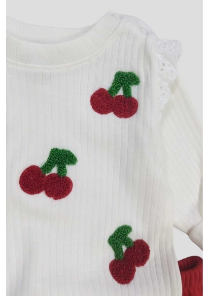 Kız Bebek/çocuk Kiraz Nakışlı Omuzdan Çıtçıtlı Bebek Takımı 2li Alt Üst Mevsimlik 6-9-12AYLIK