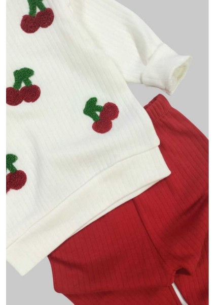 Kız Bebek/çocuk Kiraz Nakışlı Omuzdan Çıtçıtlı Bebek Takımı 2li Alt Üst Mevsimlik 6-9-12AYLIK