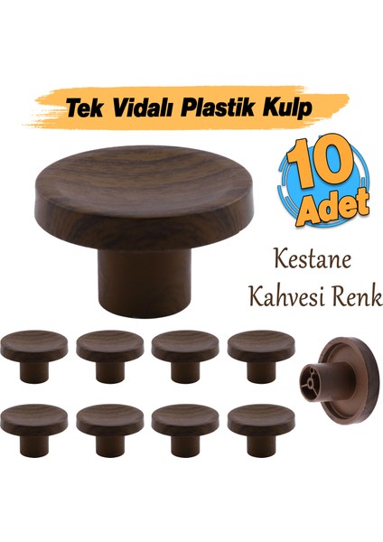 Tek Vidalı (10 Adet) Iç Bükey Plastik Düğme Kulp Kestane Kahvesi Mobilya Dolap Çekmece Kulpu Kulbu